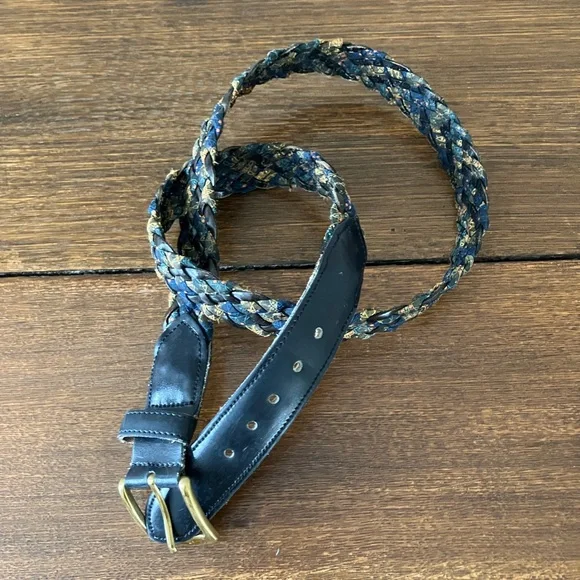 Vintage Leather and Silk Braided Women's Belt in Blue and Gold - Picture 6 of 11
